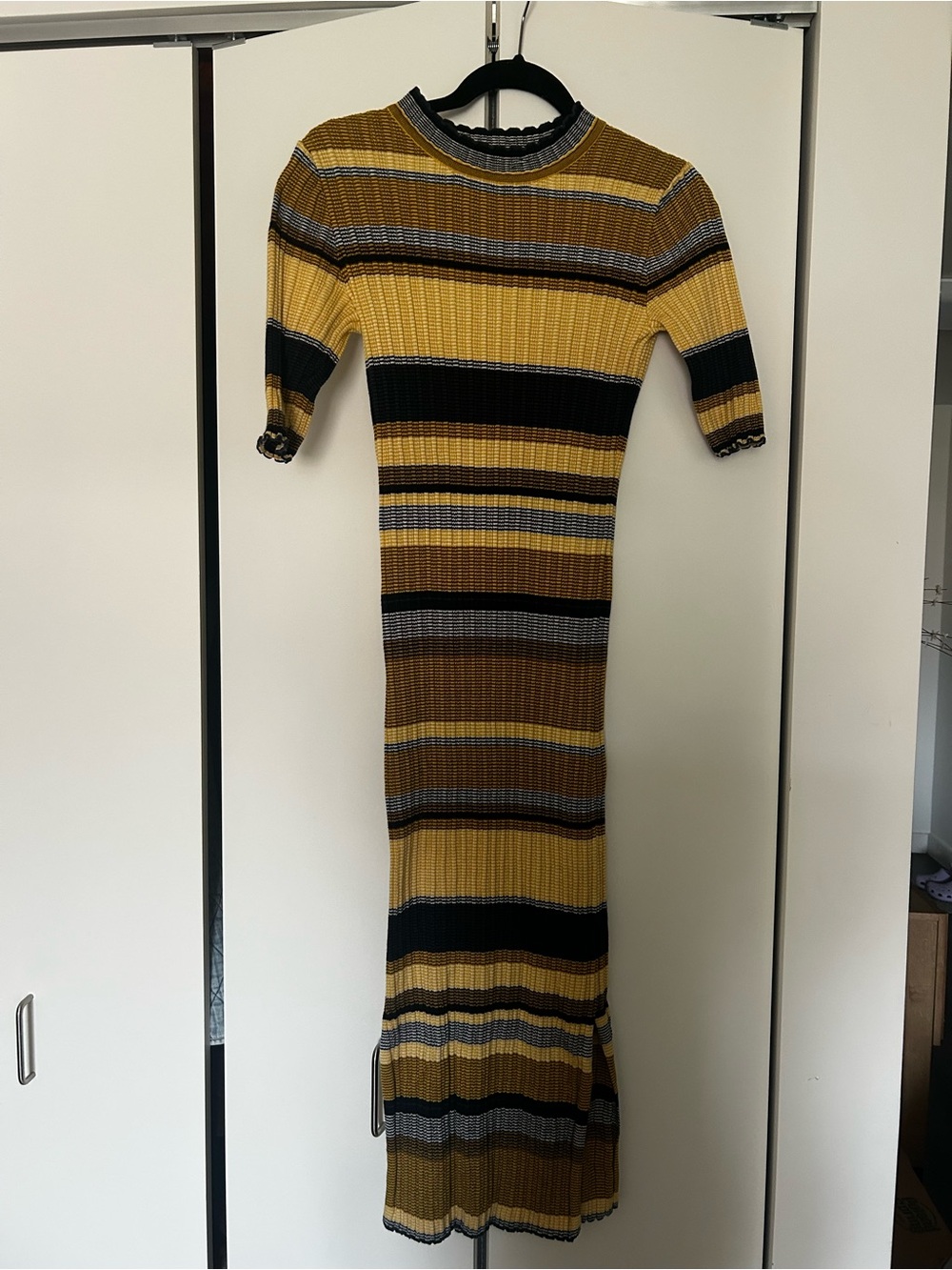 H&M Mustard, Black and Brown Striped Ribbed Midi Dress